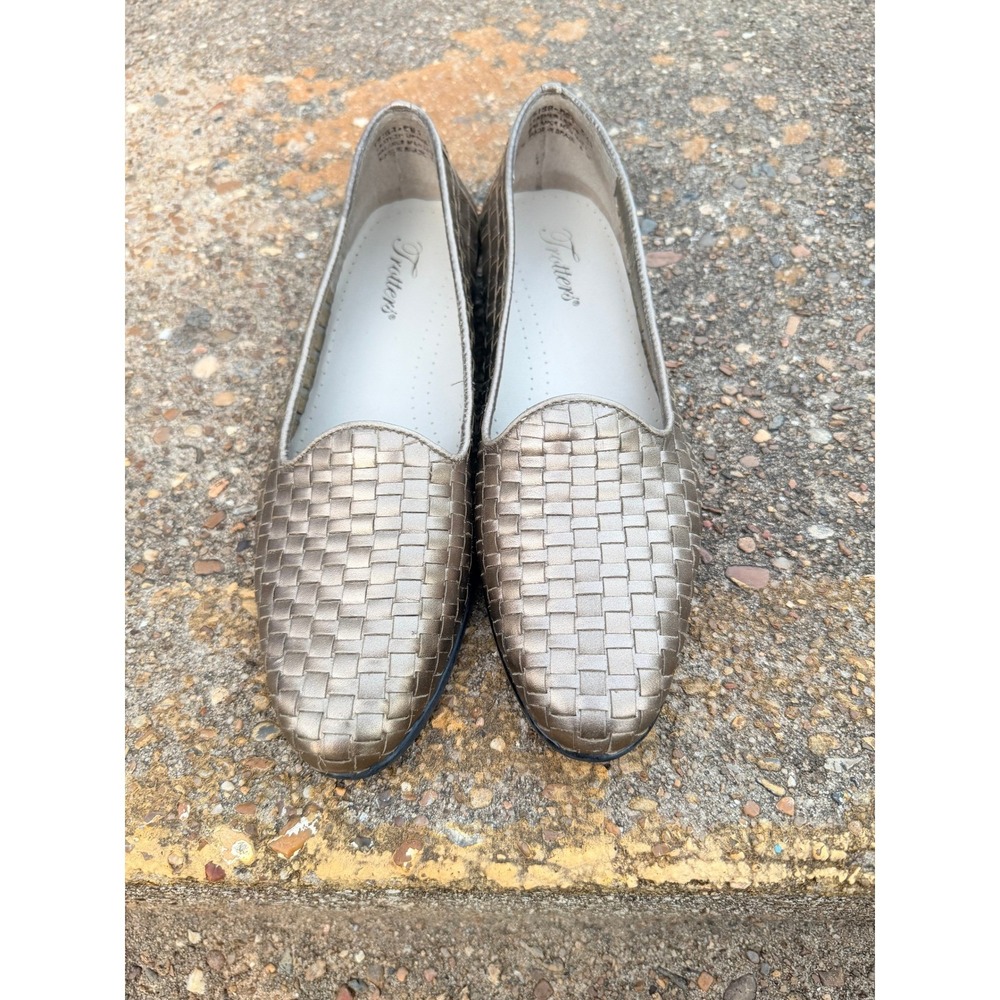Trotters Womens 8.5‎ Woven Leather Loafers Metallic Pewter Gold Brazil 158-704